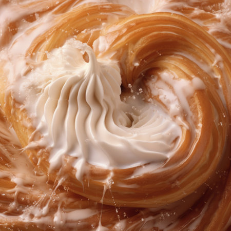 cream cake with sprinkles in the center, featuring a fluid abstraction style. this close-up photo showcases the intense combination of light brown and white colors. created using zbrush and employing photo-realistic techniques, the cake's whiplash curves are rendered with hyper-realistic oil effects. ai generatedの素材