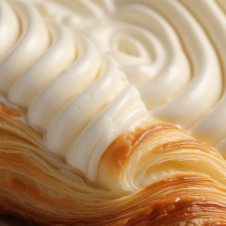 close-up of small pastries featuring a buttery, layered design reminiscent of phoenician art. this high-resolution image showcases the intricate lines and smooth curves of the pastry. captured with a canon af35m camera by steve sack, the light white and white color palette adds an elegant touch to this delectable treat. ai generatedの素材