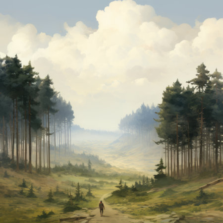 extremely tall coniferous trees create a sense of scale, making people look tiny in this photo by xenixx + krenz cushart + plein air savanna + monumental vistas. the low depth of field adds to the effect, while dusty piles add texture. commissioned by romaine brooks. ai generatedの素材