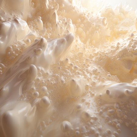 a milk splash of liquid with bubbles on top, rendered in the style of unreal engine. organic forms and muted tones create a raw and unpolished aesthetic. helene knoop's artistic touch adds an element of uniqueness, while chris friel's golden light enhances the voluminous mass. ai generatedの素材