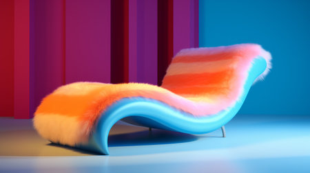 a fursliding chaise lounge takes center stage in a room designed with vibrant color gradients. this stunning piece of furniture, rendered in cinema4d, showcases furry art with realistic hyper-detailing. the combination of contrasting light blue and orange hues creates a bold and eye-catching aesthetic. against contrasting backgrounds, this chaise lounge brings a touch of vibrancy and sophistication to any space. ai generatedの素材