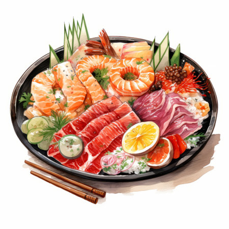 sushi platter with raw seafood on top, depicted in hyper-realistic animal illustration style. this tondo artwork showcases realistic watercolor paintings of lifelike figures. the colorful and ultra hd painting creates a lively tableau. keywords: sushi, platter, raw seafood, hyper-realistic, animal illustration, tondo, watercolor, lifelike, colorful, ultra hd, lively tableau. ai generatedの素材