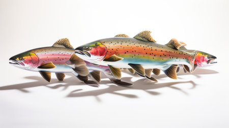 four streamers made of metal float gracefully on the water, resembling hyperrealistic wildlife portraits. this polychrome sculpture showcases exquisite craftsmanship and intricate details, reminiscent of the renowned washington color school. the vibrant colors create a mesmerizing rainbowcore effect, making this artwork truly captivating. ai generatedの素材