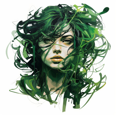 a full view of a green and green pop art anxiety portrait showcasing sustainability. the drawing features very fine lines and dark subtle gradations, creating a realistic vintage illustration. with highly contrasted details, the image stands out against an empty white background, resembling a png. capturing the texture and intricate details in vivid clarity, this high-quality image evokes a sense of drama. ai generatedの素材