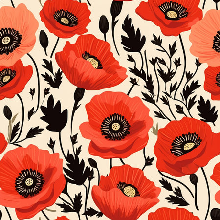 red poppy patterns seamlessly illustrated in the style of signe vilstrup. the light orange and beige hues evoke a sense of warmth and tranquility. inspired by deborah azzopardi, poetcore, and amedee ozenfant, this artwork showcases spectacular backdrops with an organic touch. ai generatedの素材