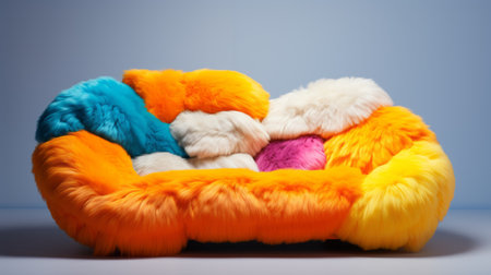 a colorful furry object in gray with vibrant and multicolored fur, resembling large-scale installations. this unique piece combines dark yellow and light orange hues, creating a visually striking composition. inspired by vfxfriday, it showcases luxurious fabrics and incorporates elements of neo-pop iconography. with its anti-clutter and minimalist design, this creation embodies the essence of swiss style. ai generatedの素材