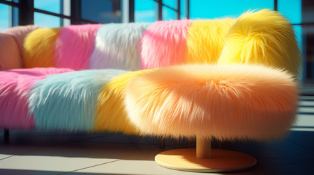 a whimsical design of a multi-colored fur couch with an ottoman, showcasing realistic usage of light and color. the playful perspective and close-up capture highlight the solarization effect and candycore style. this unique piece features a delightful combination of vibrant colors in a realistic color scheme. ai generatedの素材