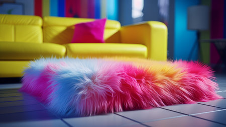 a multicolored fur footstool, with soft edges and blurred details, in vibrant neon colors of yellow and pink. this poodlepunk style stool adds a realistic pop of color to any interior decor, and looks great on top of a matching rug. captured with a nikon d750 camera. keywords: multicolored, stuffed footstool, fur, soft edges, blurred details, vibrant, neon colors, nikon d750, realistic interiors, poodlepunk, rug.の素材