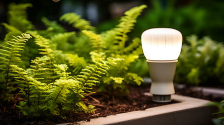 light bulbs illuminated by plants in a garden, captured in the distinctive style of a nikon d750 photograph. this sustainable architecture image showcases a harmonious blend of light brown and white tones. inspired by the works of gregory crewdson, tenwave presents an industrial and product design concept that is both bold and vibrant. ai generatedの素材
