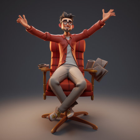 a man sitting in an office chair with his arms out, showcasing detailed character design inspired by daz3d, kent monkman, and oleg shuplyak. the youthful protagonists portrayed in this artwork by ahmed morsi captivate the viewer with their optical illusionist style. ai generatedの素材