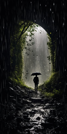 old man with umbrella in dreamlike natural tunnel under rain. maya-rendered scene features lush, dark green and black scenery, highlighting emotional sensitivity and connection to the natural world. keywords: old man, umbrella, tunnel, rain, dreamlike, natural, dark green, black, lush scenery, maya, emotional sensitivity. ai generatedの素材