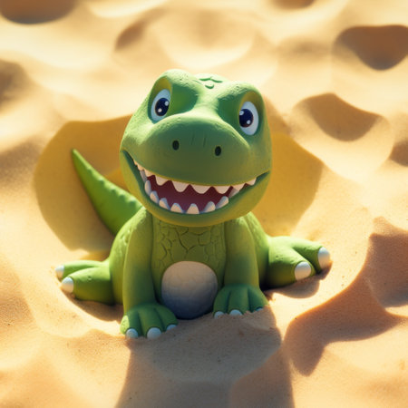 a cute cartoonish dinosaur sits in the sand, exuding a joyful and optimistic style. captured with a lensbaby composer pro ii with edge 50 optic, this adorable creature brings a smile to your face. explore the world of smilecore and green academia on our website, where you can find more delightful designs and content. ai generatedの素材