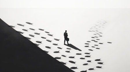 people silhouettes of fish stand together in this black and white image, reminiscent of surreal 3d landscapes. the minimalist starkness is offset by organized chaos and orderly symmetry, while working-class empathy emanates from the scene. a somber mood pervades the muted seascape. keywords: black and white, people silhouettes, fish, surreal, 3d landscapes, minimalist, starkness, organized chaos, orderly symmetry, working-class empathy, somber, muted seascape. ai generatedの素材