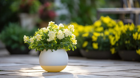 a close-up of a fashion patio landscaping landscape lawn light, featuring a low depth of field style. the colors include shamrock green and e0e0e0, light goldenrod yellow, and bone. the photo showcases softbox lighting for product photography, with phlox in the background. ai generatedの素材