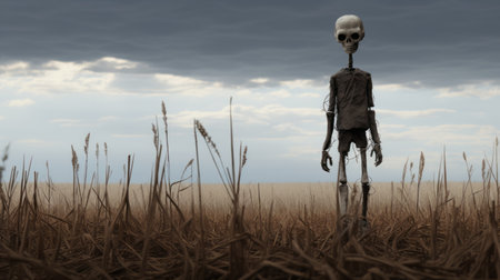 a dark stormy sky looms above a field with tall grass, showcasing a dark skeletal skeleton. this haunting 3d composition, created in the style of octane render, evokes the aesthetics of the farm security administration. with inventive character designs and an elongated, pensive stillness, it captures a sense of intrigue and mystery. ai generatedの素材