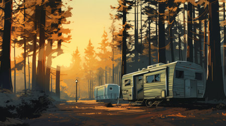 roadtrip illustration by harley roberts on tumblr, featuring a captivating blend of 2d game art and the serene beauty of light bronze and yellow tones. this artwork captures quiet moments in paint, reminiscent of the vancouver school style. with influences from cryengine and cabincore aesthetics, it evokes a nostalgic ambiance akin to a playstation 5 screenshot. ai generatedの素材