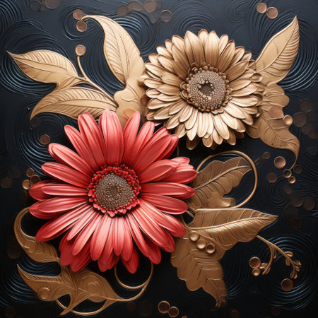 sculpture of two flowers on black background by aykut aydogdu. richly detailed with light red and dark gold colors, textured and layered surfaces. charming illustrations with detailed background elements by marguerite blasingame. ai generatedの素材