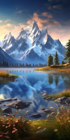 a majestic mountain range is captured in the distance, depicted in a speedpainting style with free brushwork. the sparkling water reflections add depth to the richly detailed background, while the realistic and hyper-detailed, ai generatedの素材