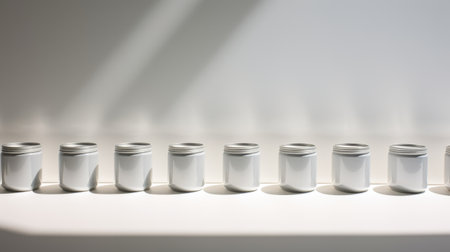 white jars filled with liquid, captured through backlit photography, exhibit minimalist graphic design. the tilt-shift technique enhances the industrial product design, while orderly symmetry, silver and amber hues, and spot metering contribute to the visual appeal. ai generatedの素材