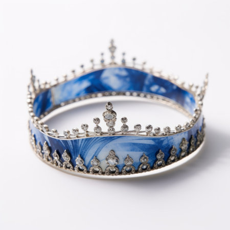 the crown with blue and white adornment, in the style of marbleized liquid metal, is on display. this associated press photo captures its abrasive authenticity and queencore essence. made of wire, it showcases densely patterned imagery. ai generatedの素材