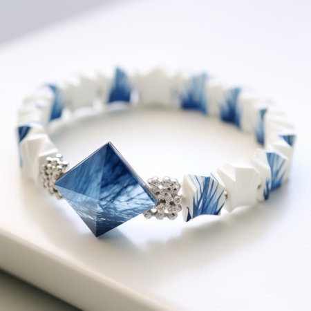 a blue and white bracelet adorned with diamonds, showcasing the geometric aesthetics of neo-plasticism. inspired by the breathtaking norwegian nature, this piece captures hyper-realistic water elements in dark white and light indigo tones. created through scanner photography, it combines the artistry of paper sculptures with the elegance of marble. ai generatedの素材