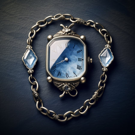 a stunning photo featuring a large bracelet and watch on a white background. the dark sky-blue and light silver colors create a captivating old master influenced fantasy. the symmetrical asymmetry adds an intriguing touch to the meticulous photorealistic still lifes. with an essence of edwardian beauty, this image portrays hard-edged elements and skillfully captures, ai generatedの素材