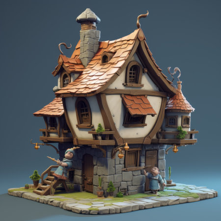 fantasy house 3d model with playful character design, frequent use of diagonals, realistic and hyper-detailed renderings. the masonry construction is playfully intricate, complemented by inventive character designs and cartoon-like figures. keywords: fantasy house, 3d model, playful character design, diagonals, realistic, hyper-detailed, masonry construction, inventive character designs, cartoon-like figures. ai generatedの素材