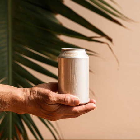 man holding empty beer can in front of palm tree, minimalistic and clean style. light beige/silver color scheme with focus stacking, textural surface treatments, smooth lines, and common materials. perfect for bloomcore enthusiasts. keywords: man, beer can, palm tree, minimalistic, clean, light beige, silver, focus stacking, texture, smooth lines, common materials, bloomcore. ai generatedの素材