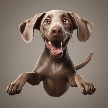 a playful weimaraner with short tan fur is captured in this cartoon image. jumping towards the camera, the dog exudes energy and enthusiasm. the white background enhances the focus on the dog's vibrant presence. this high-resolution image, with a resolution of 600 dpi, offers stunning detail and is available in 8k uhd quality. ai generatedの素材