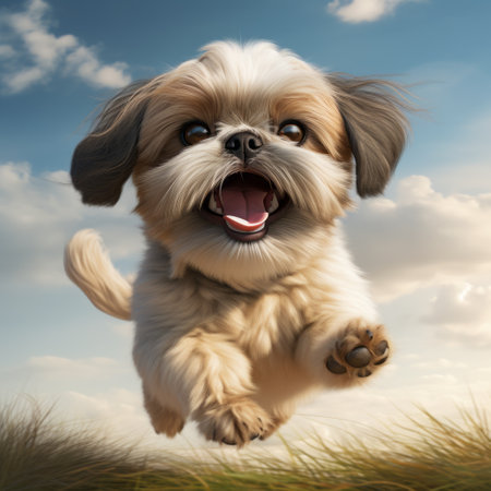 a playful shih tzu with short tan fur jumps towards the camera in this cartoon image. the white background enhances the dog's vibrant energy. this 8k uhd image, with a resolution of 600 dpi, captures the lively spirit of this adorable breed. ai generatedの素材