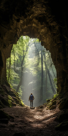 a man stands before a cave in a dark forest, capturing the essence of a national geographic-style photo. the scene showcases soothing landscapes, arched doorways, and hazy, lively landscapes reminiscent of the dusseldorf school of photography. this uhd image immerses viewers in a captivating natural setting. ai generatedの素材