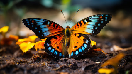 a butterfly on the ground captivated by vibrant flowers, blending the hues of dark orange and light blue. an enchanting display of colorful vibrations, merging shades of light orange and dark navy. this scene boasts sharp, vivid colors and bold fusion of hues, showcasing grandiose and captivating color schemes. ai generatedの素材