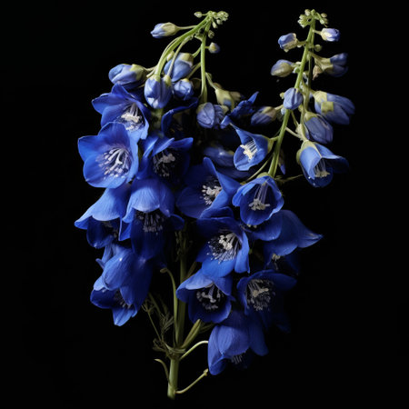 dark blue thorny thorn photograph on stock photography, featuring captivating floral still lifes. this monochromatic composition showcases meticulous photorealistic still lifes against a black background. the dark sky-blue and black elements create a photo-realistic composition made entirely of flowers. ai generatedの素材