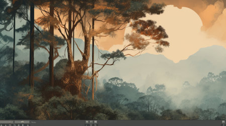 the photo showcases trees bathed in sunlight, featuring a captivating blend of muted colorscape mastery. with digital airbrushing techniques, the dark cyan and dark beige hues create an exotic fantasy landscape. the concise brushwork and high-contrast shading add depth, while transparent layers enhance the overall composition. ai generatedの素材