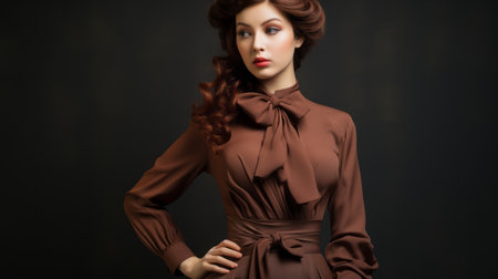 woman in leather dress posing for a studio portrait in the style of victorian-era clothing. this high-quality stock photo features flowing fabrics, with brown, light red, and dark brown tones. the image has a touch of soviet socialist realism. keywords: beautiful woman, leather dress, studio portrait, fashion, stock photo, victorian-era clothing, flowing fabrics, brown, light red, dark brown, soviet socialist realism. ai generatedの素材