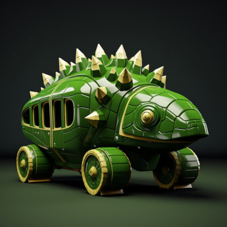 a green, spiky toy car inspired by fantasy surrealism and golden age illustrations. this unique creation showcases intricate hard surface modeling and draws inspiration from the world of dinocore. with detailed character illustrations and a symmetrical design, it captivates with its grandiose color schemes. ai generatedの素材
