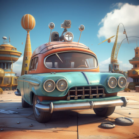 an orange and yellow car stands out against a backdrop of vibrant buildings. this scene, rendered in cinema4d, showcases detailed character design and textures. with an atomic era aesthetic reminiscent of brian despain and slawomir maniak's work, this image exudes a striking visual appeal. experience the stunning realism with rtx on. ai generatedの素材