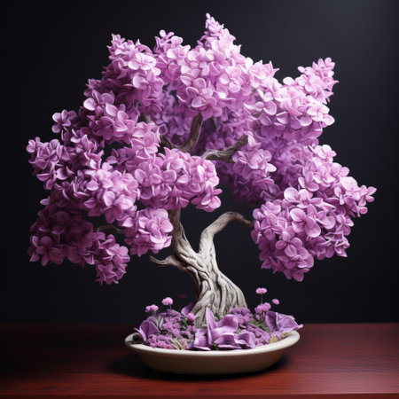 purple orchids and a bonsai tree are beautifully arranged in an acrylic flower-filled glass vase. the silver flowers add a touch of elegance to this japanese-inspired scene, reminiscent of the style of petros afshar. with paper sculptures, soft focus lens, and organic stone carvings, this artwork by alena aenami showcases mind-bending sculptures and highly detailed illustrations. ai generatedの素材