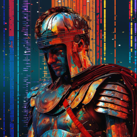 warrior posters and wallpaper showcasing the art of cross-processing, futuristic retro style, and photorealistic pastiche. these captivating designs feature hyper-detailed portraits inspired by hellenistic art, created by an english painter. with a vibrant palette knife technique, these pieces bring a dynamic and visually striking aesthetic to any space. ai generatedの素材