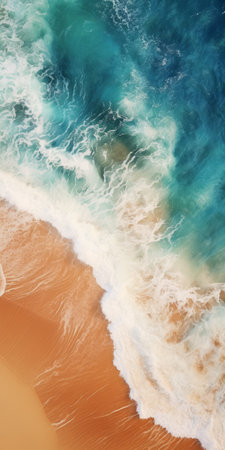 an aerial view of a beach with water, showcasing a digitally manipulated landscape. this 8k resolution image features a captivating blend of light orange and dark aquamarine hues. the flowing brushwork adds an artistic touch, while hyper-realistic details and intense close-ups ensure sharp attention to every element. ai generatedの素材