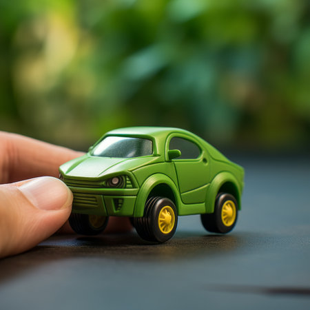 a green toy car is held up by a person in a naturalistic style that showcases sharp attention to detail and japanese influence. the photorealistic details of the car's design are perfect for an auto body works website that utilizes a charming aesthetic. keywords: green toy car, naturalistic charm, sharp attention to detail, japanese influence, photorealistic details, auto body, ai generatedの素材