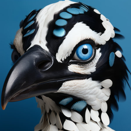 a bird head with vibrant blue feathers, set against a matching blue background, showcases intricate steampunk-inspired details. the bold black and white contrasts, vray tracing, dotted patterns, and organic, ai generatedの素材