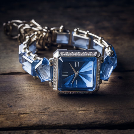 blue crystal tinkle watch on a wooden background, exuding glamorous elegance. the gemstone-inspired design is reminiscent of the works of jean auguste dominique ingres and lawrence alma-tadema. captured with the high-resolution hasselblad h6d-400c and fujifilm velvia film. ai generatedの素材