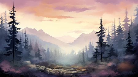 a watercolor landscape painting featuring trees and mountains, reminiscent of digital fantasy landscapes. this artwork by michael malm showcases vibrant colors like light magenta and dark amber. with its 8k resolution, it is perfect for high-quality displays. the composition draws inspiration from 2d game art and the works of abigail larson and bob ross. ai generatedの素材