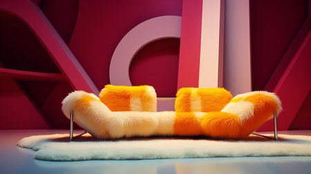 a unique and one-of-a-kind couch in a red room adorned with orange and white fur. the contemporary re-creations showcase futurist elements, combining light yellow and purple hues. this stunning piece, rendered in cinema4d, stands out with its vibrant yellow and orange accents. ai generatedの素材