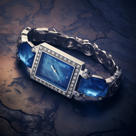 a blue-ringed watch adorned with exquisite blue stones, set against a captivating black background reminiscent of ethereal cloudscapes. its design draws inspiration from metallic rectangles, romantic depictions of historical events, frostpunk aesthetics, and meticulous photorealistic still lifes. with its alluring figura serpentinata and the brilliance of gemstones, this timepiece exudes timeless elegance. ai generatedの素材