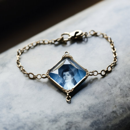 square silver bracelet, adorned with a nostalgic picture, captures the essence of the gilded age and abigail larson's style. suspended in soft focus, the ektachrome photo reveals subtle black and blue hues, ai generatedの素材