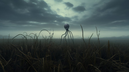 a large squid stands in the middle of a field on a cloudy day, portrayed in the style of rendered in maya and cinema4d. the dark atmosphere adds an eerie touch to this artwork by andreas levers. the spherical sculptures create an otherworldly feel, reminiscent of alien worlds. duy huynh's influence is evident in this captivating scene. ai generatedの素材