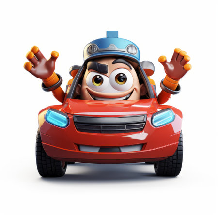 a playful cartoon car waving in the air, with detailed character design reminiscent of bill gekas. this youthfully conceptual image mixes elements of engineering construction and design, reminiscent of guido reni's charming characters. ai generatedの素材