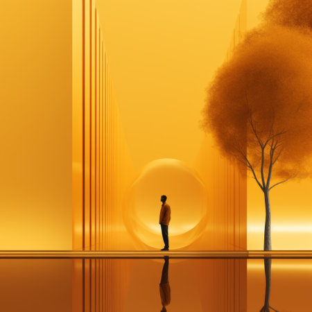 an orange tree stands behind a man in the middle of a walkway, creating a futuristic fantasy scene. the surroundings are bathed in light gold and light amber, evoking a sense of dreamlike horizons. the minimalist design adds a touch of futuristic minimalism, while the mirror rooms and monochromatic sculptor elements enhance the overall aesthetic. this editorial illustration captures a unique blend of nature andの素材